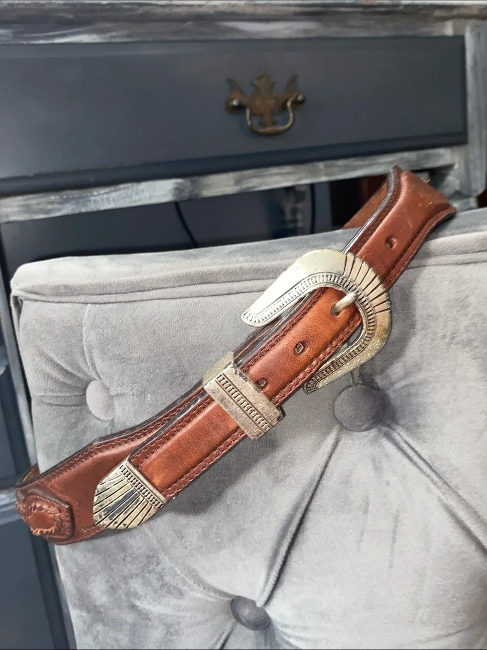 Vintage 1991 3D Belt Co Tooled Leather Western Ranger Belt Silver Hardware